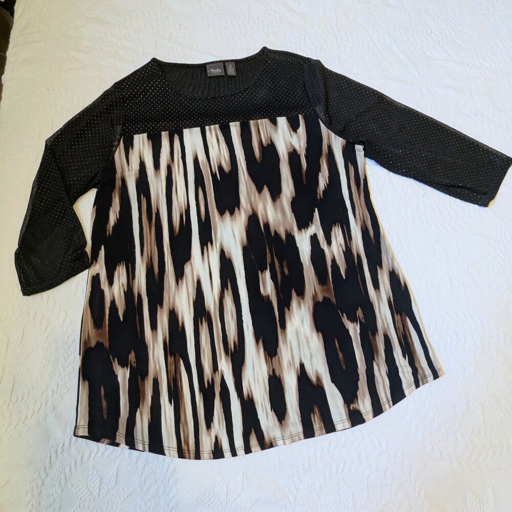 Chicos Travelers Animal Print Sheer Sleeve Blouse Top Womens Large 12